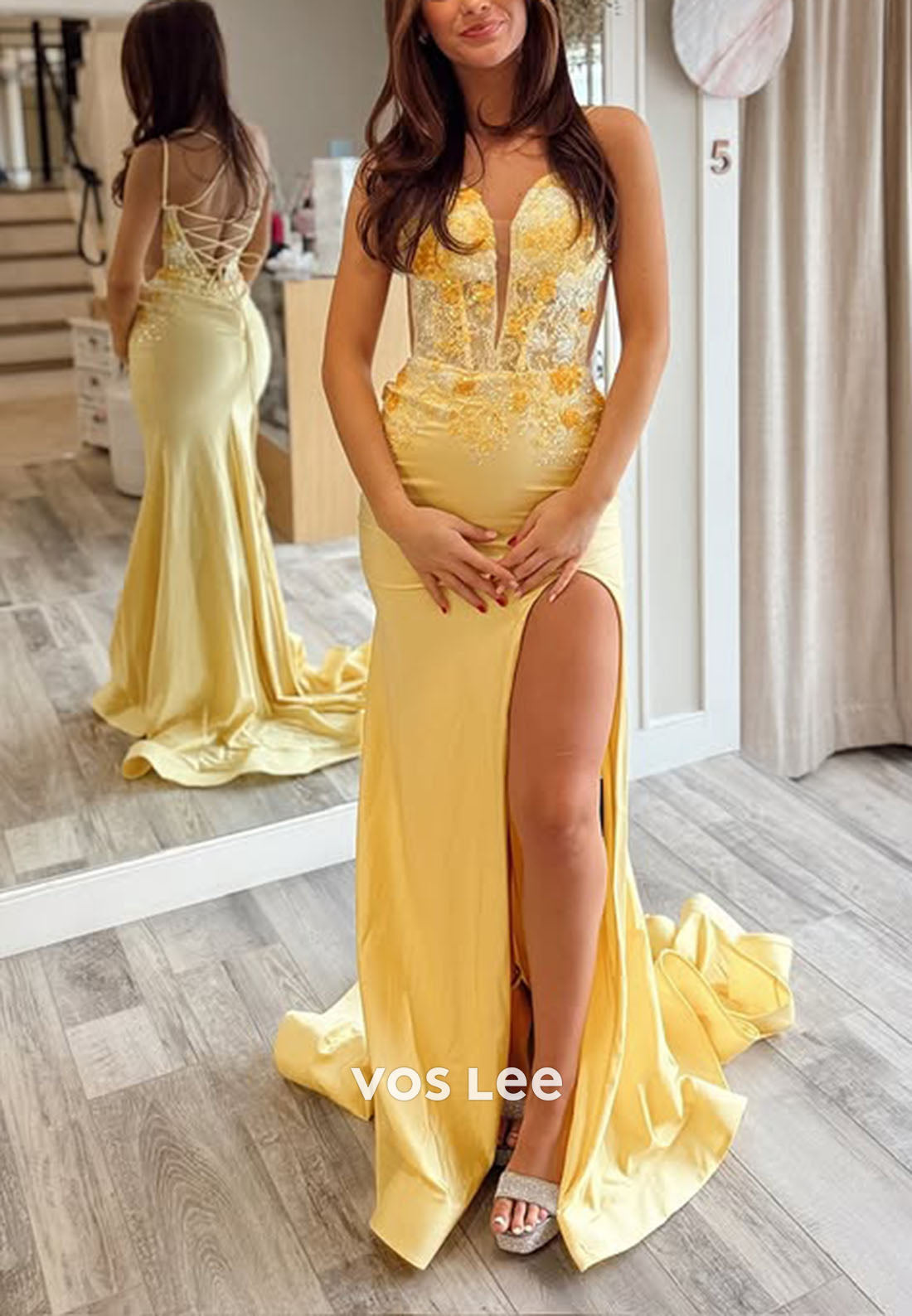 Yellow Sweetheart Long Floral Appliqués Sheath Dress