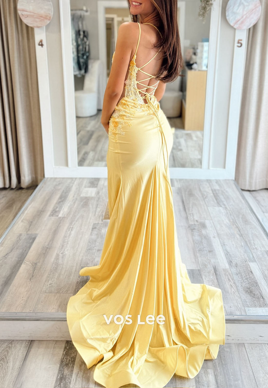 Yellow Sweetheart Long Floral Appliqués Sheath Dress