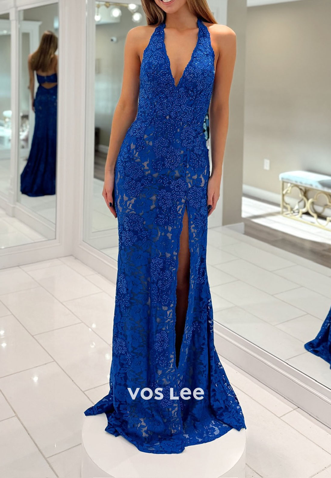 Glitter Royal Blue Sequin Halter V-neck Split Prom Dress