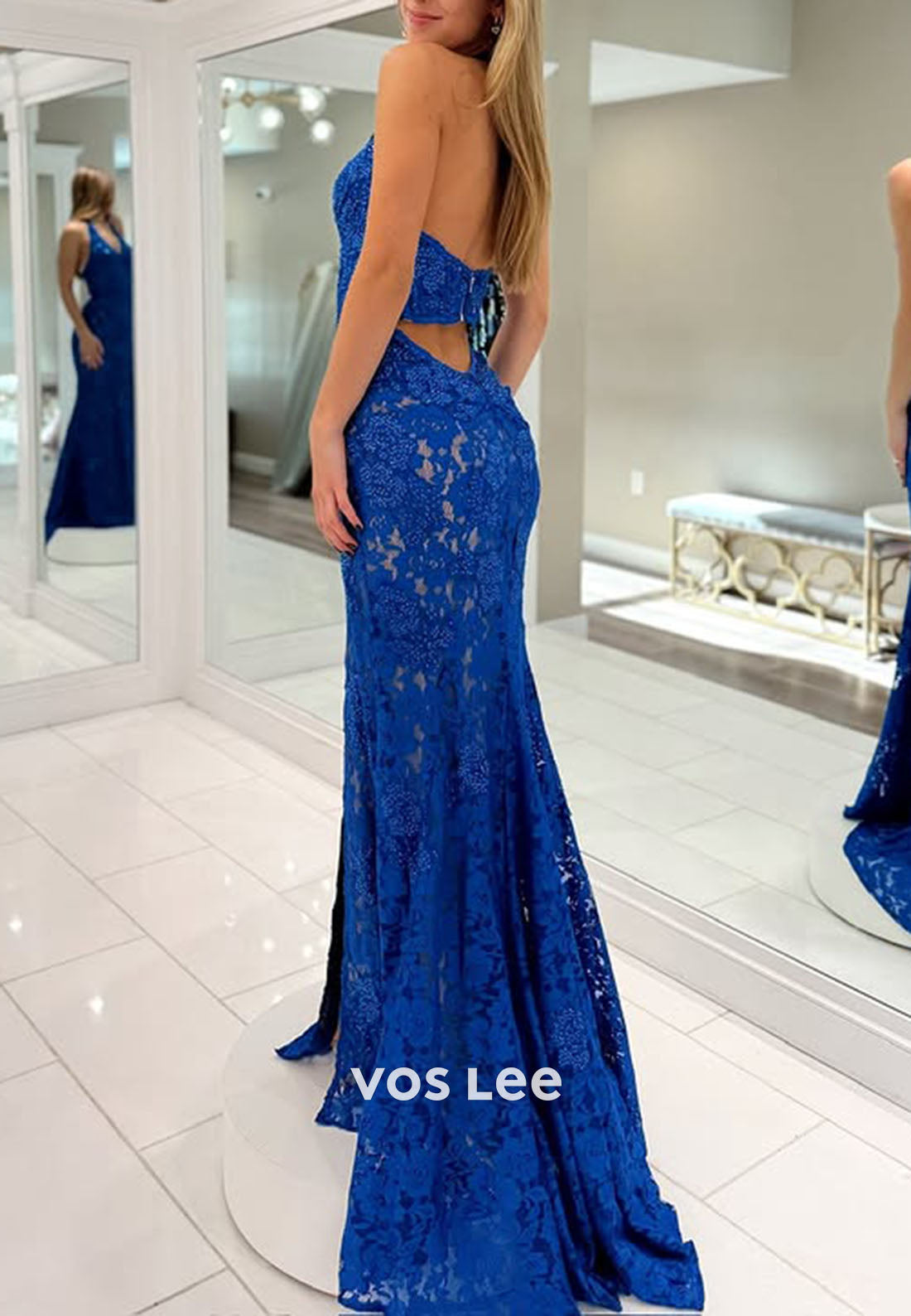Glitter Royal Blue Sequin Halter V-neck Split Prom Dress