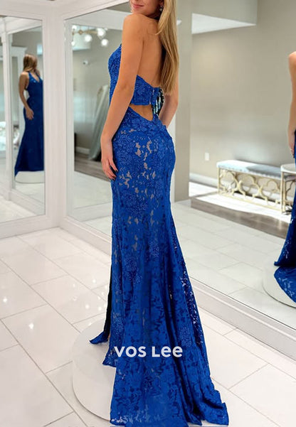 Glitter Royal Blue Sequin Halter V-neck Split Prom Dress