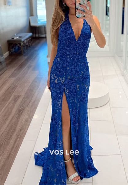 Glitter Royal Blue Sequin Halter V-neck Split Prom Dress