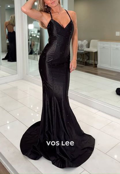 Black Spaghetti Straps Sheath Long Prom Dresses With Bead