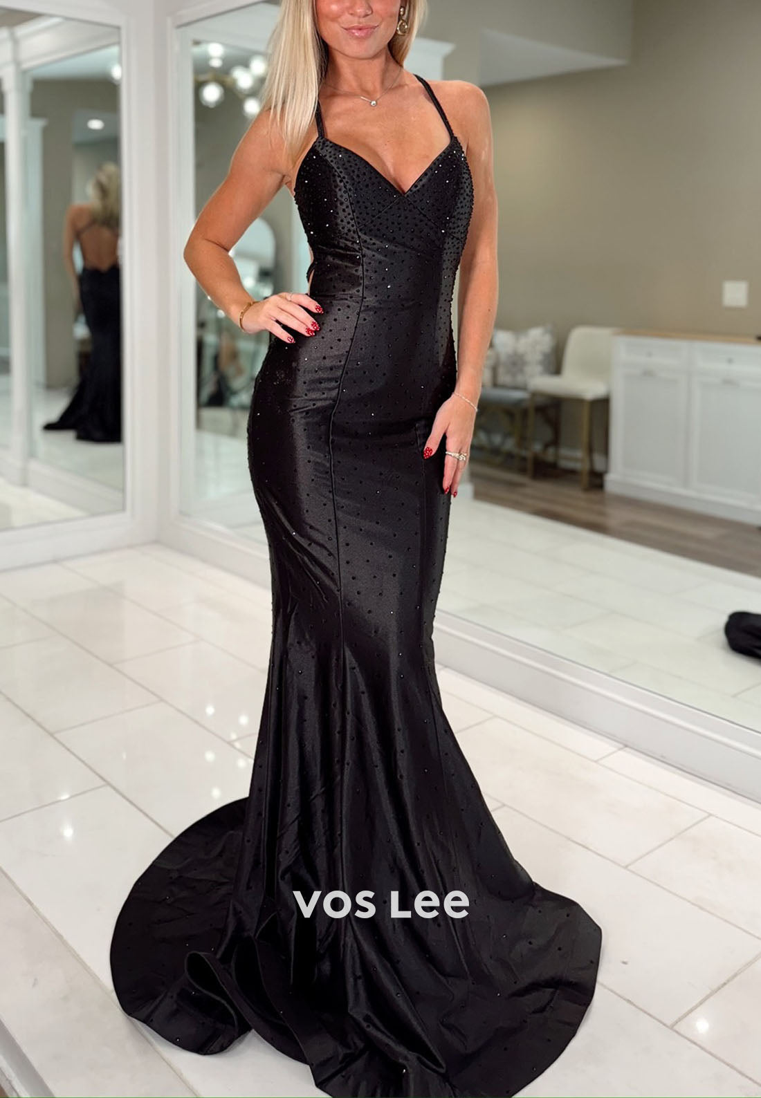 Black Spaghetti Straps Sheath Long Prom Dresses With Bead
