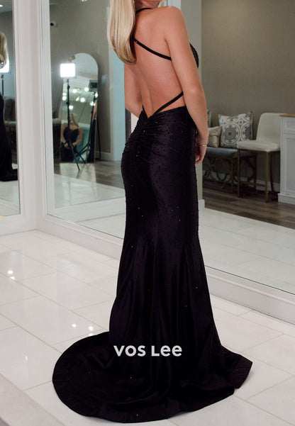 Black Spaghetti Straps Sheath Long Prom Dresses With Bead