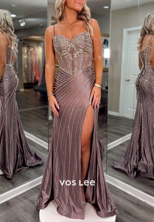 Sparkling Beading Sequins Diamonds High Split Prom Dress