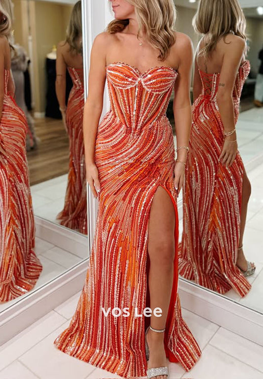 Gliiter Orange Sweetheart Fully Sequins Cloumn Prom Dress