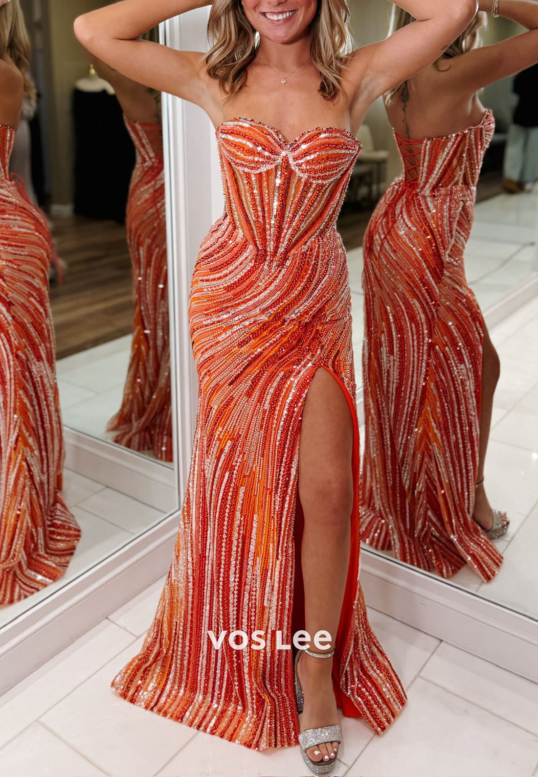 Gliiter Orange Sweetheart Fully Sequins Cloumn Prom Dress