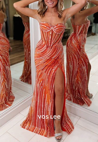 Gliiter Orange Sweetheart Fully Sequins Cloumn Prom Dress