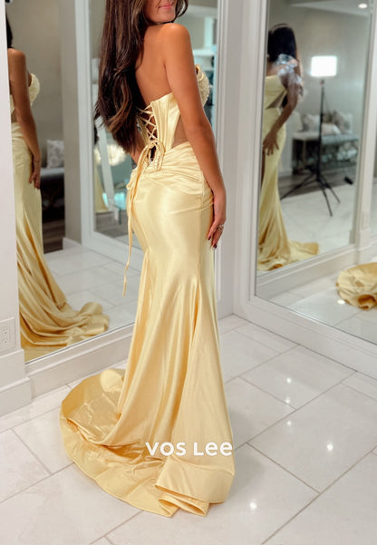 Elegant Yellow Beading Sweetheart Cut out Split Prom Dress