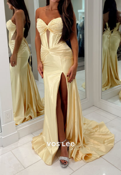 Elegant Yellow Beading Sweetheart Cut out Split Prom Dress