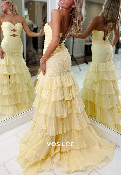 Yellow Strapless A Line Ruffled Tiered Formal Prom Dresses