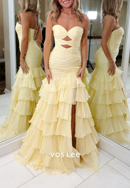 Yellow Strapless A Line Ruffled Tiered Formal Prom Dresses