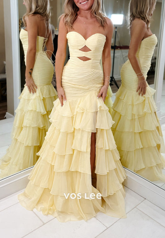 Yellow Strapless A Line Ruffled Tiered Formal Prom Dresses
