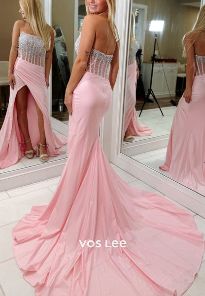 Elegance Pink Strapless Beading Pearls Hihg Split Prom Dress