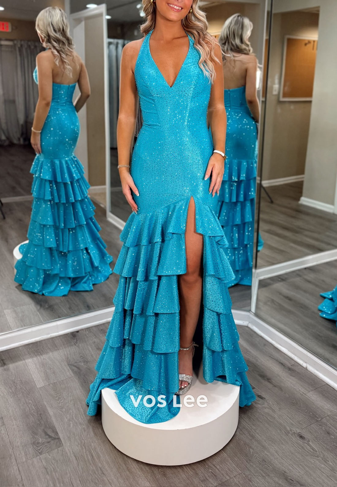 Shining Halter Split Tiered Ruffles Long Prom Dress