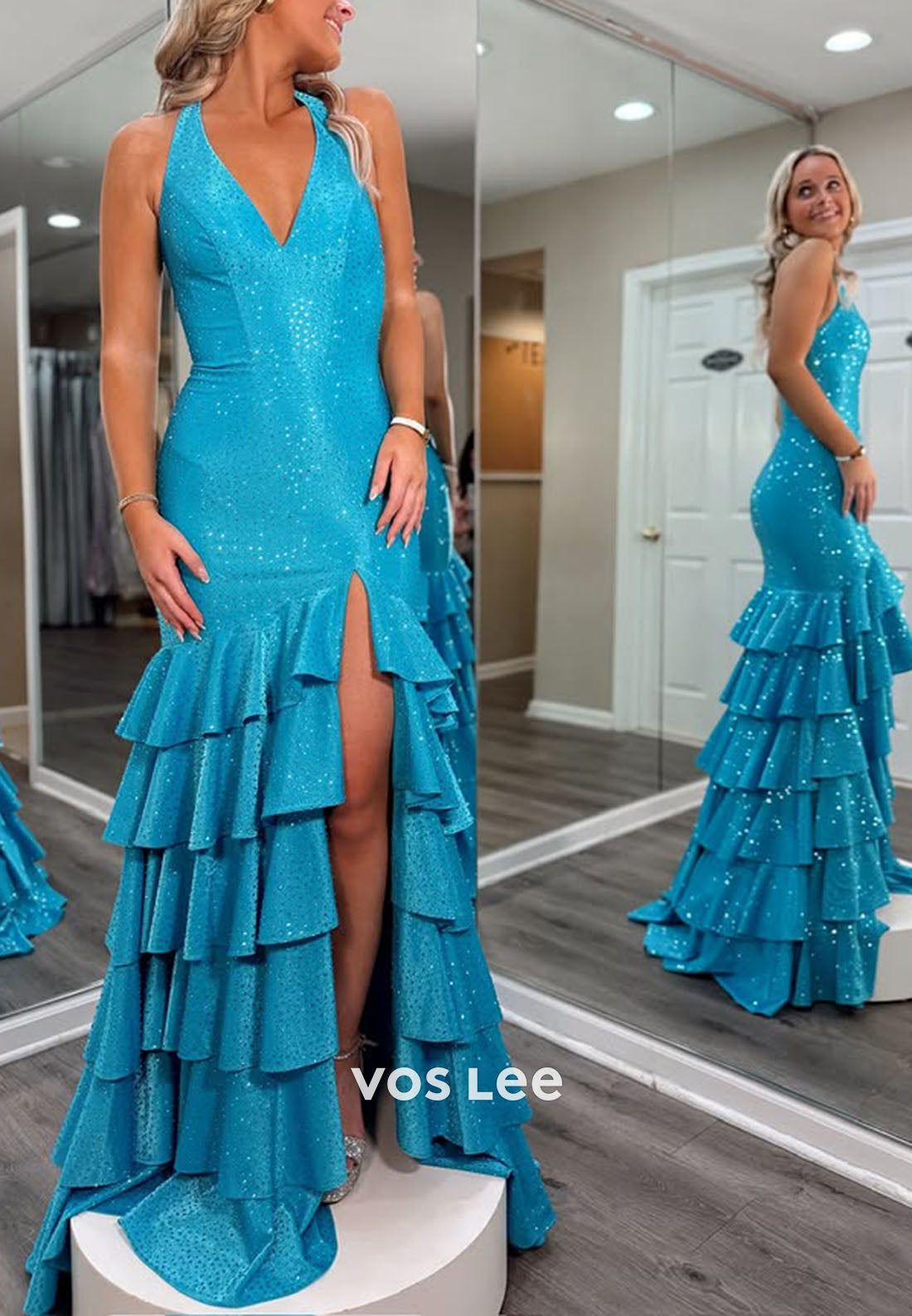 Shining Halter Split Tiered Ruffles Long Prom Dress