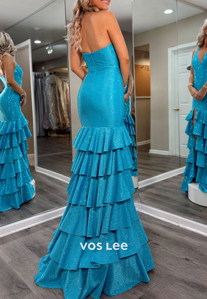 Shining Halter Split Tiered Ruffles Long Prom Dress