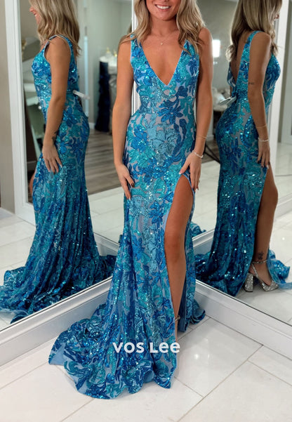 Sparkling V-Neck Sequins Split Cloumn Floor Length Prom Dress With Train