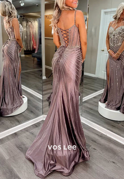 Sparkling Beading Sequins Diamonds High Split Prom Dress