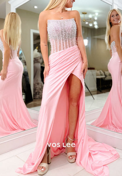 Elegance Pink Strapless Beading Pearls Hihg Split Prom Dress