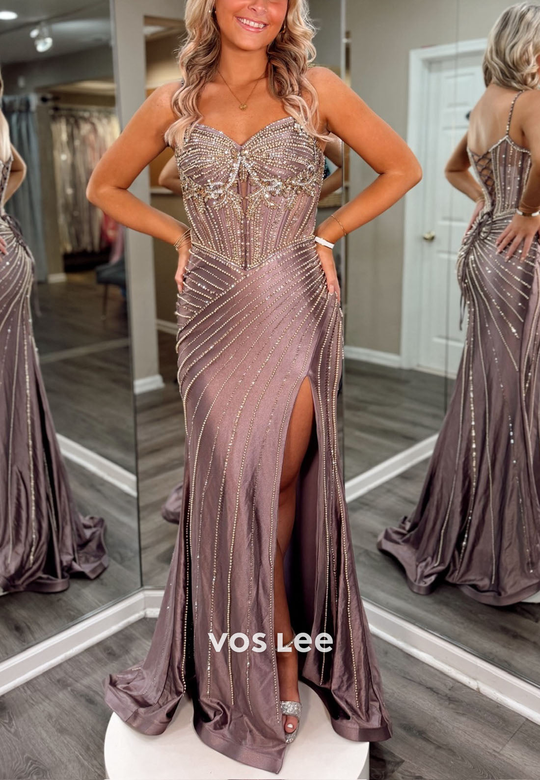 Sparkling Beading Sequins Diamonds High Split Prom Dress