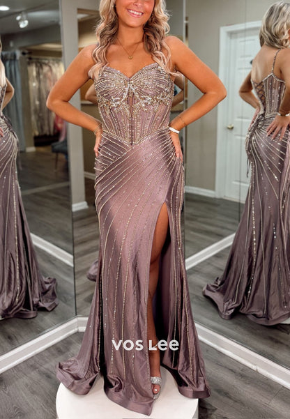 Sparkling Beading Sequins Diamonds High Split Prom Dress