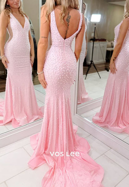 Luxury Beaing Pearls Pink Backless Mermaid Prom Dresss