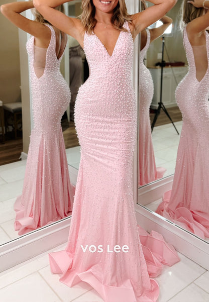 Luxury Beaing Pearls Pink Backless Mermaid Prom Dresss