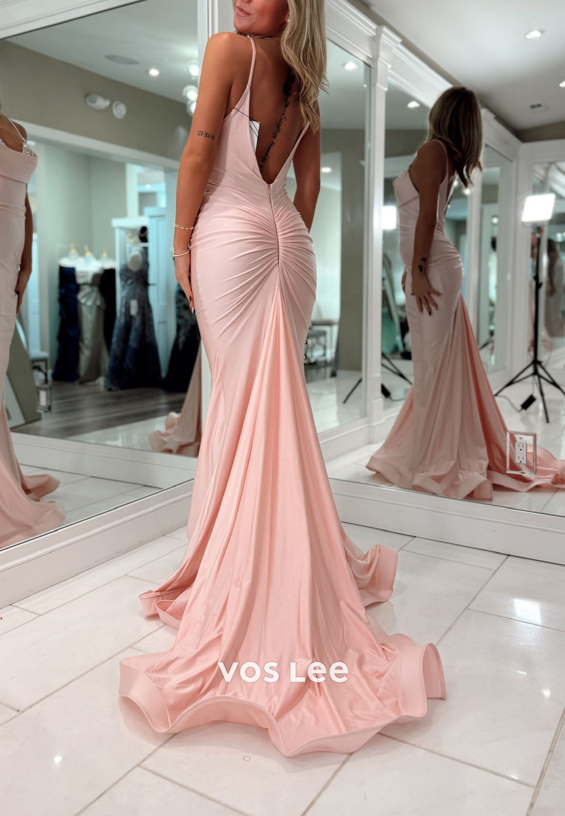 Elegance Pink Thin Strap Beading Crystals Mermaaid  Prom Dress