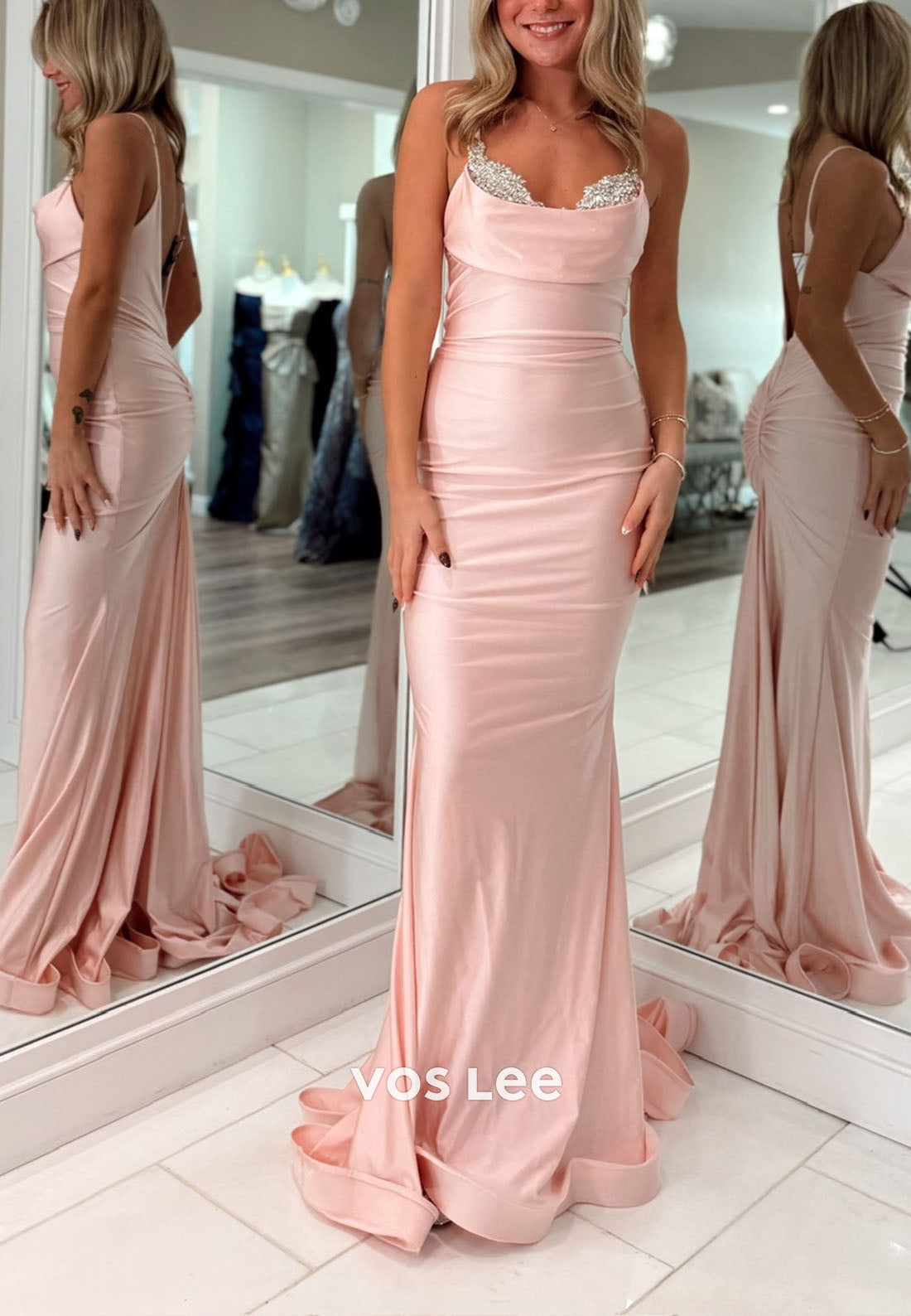 Elegance Pink Thin Strap Beading Crystals Mermaaid  Prom Dress