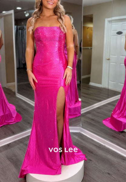 Elegance Strapless Fully Beading Sequins Hihg Split Prom Dress