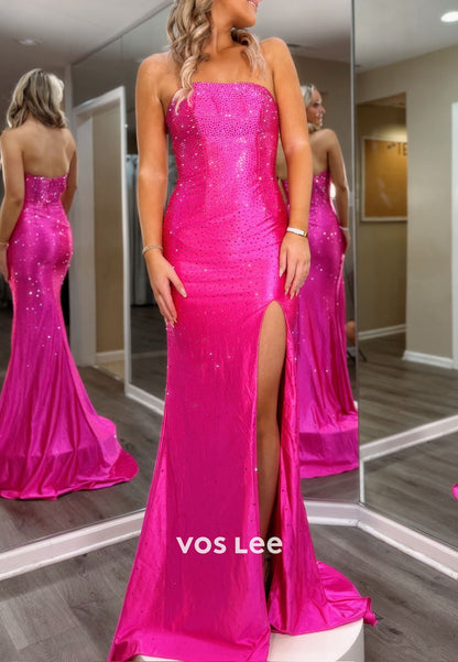 Elegance Strapless Fully Beading Sequins Hihg Split Prom Dress