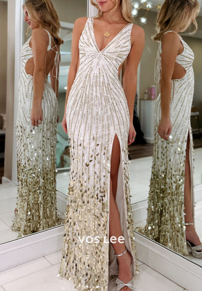 Sparkling V-Neck Sequins Split Cloumn Prom Dress