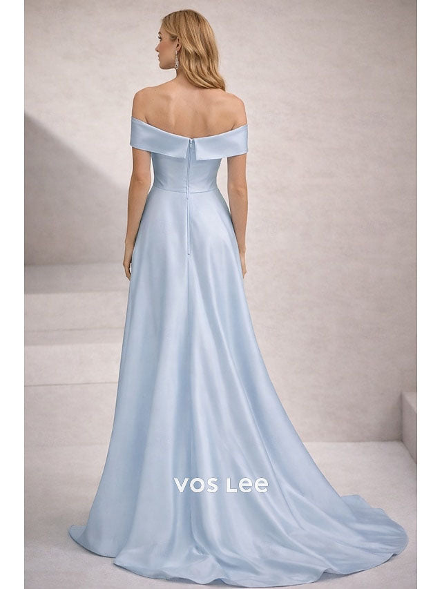 Off-the-Shoulder Mermaid Gown – Satin Formal Dress with 3D Floral Appliqué & High Slit