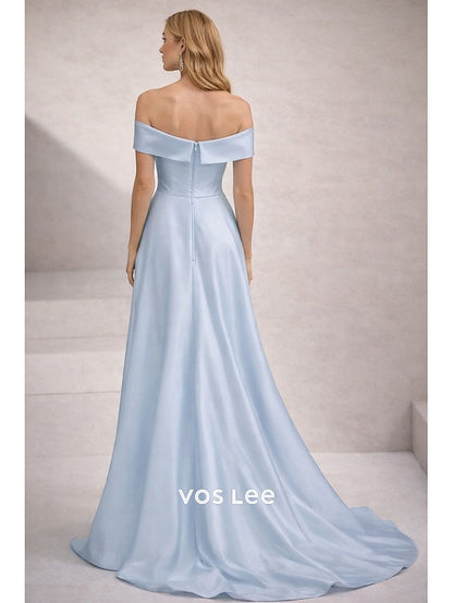 Off-the-Shoulder Mermaid Gown – Satin Formal Dress with 3D Floral Appliqué & High Slit