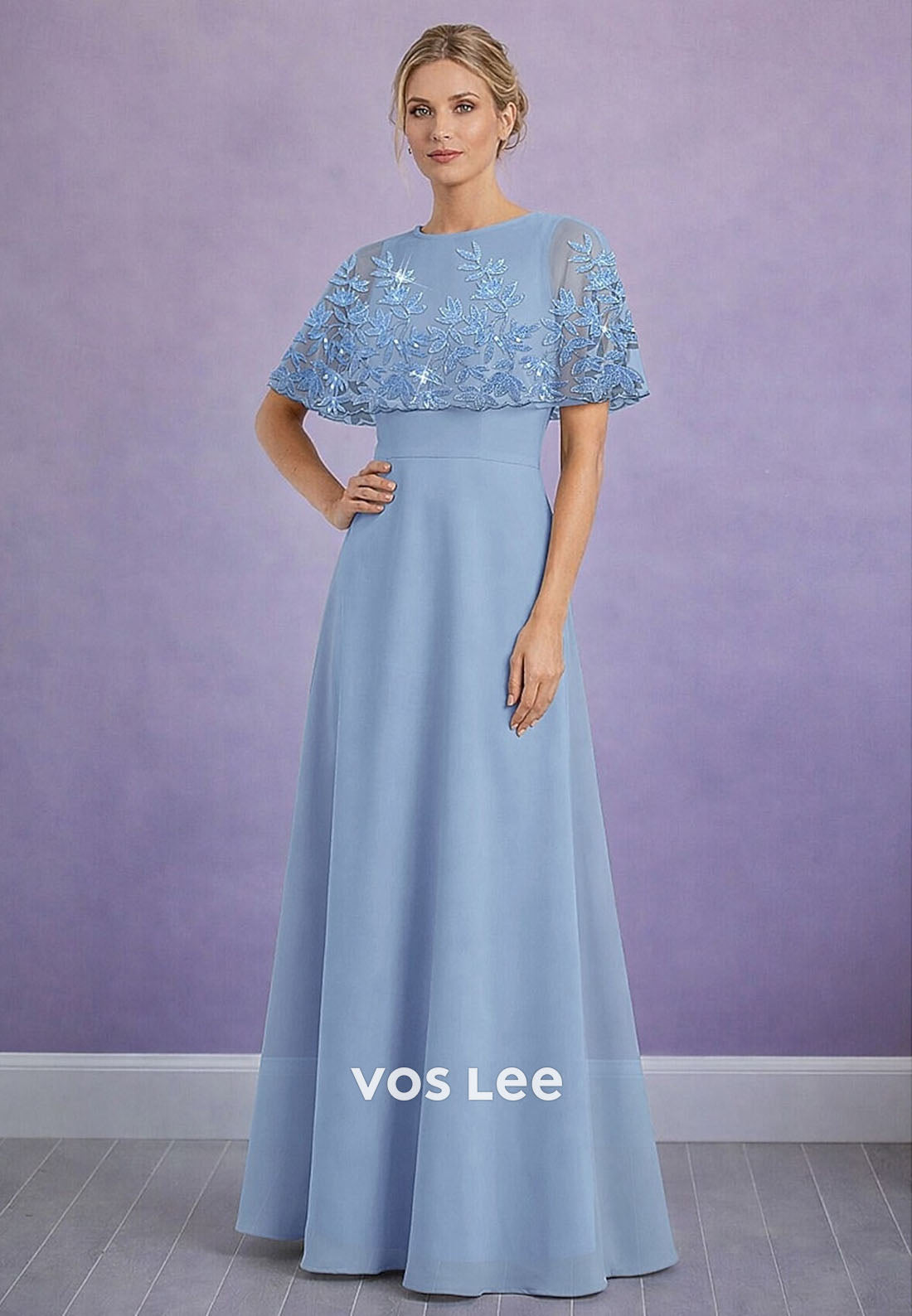 A-Line Dress Wedding Guest Dress Mother of the Bride Dress Short Sleeve Chiffon Shawls with Beading Appliques