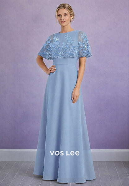 A-Line Dress Wedding Guest Dress Mother of the Bride Dress Short Sleeve Chiffon Shawls with Beading Appliques