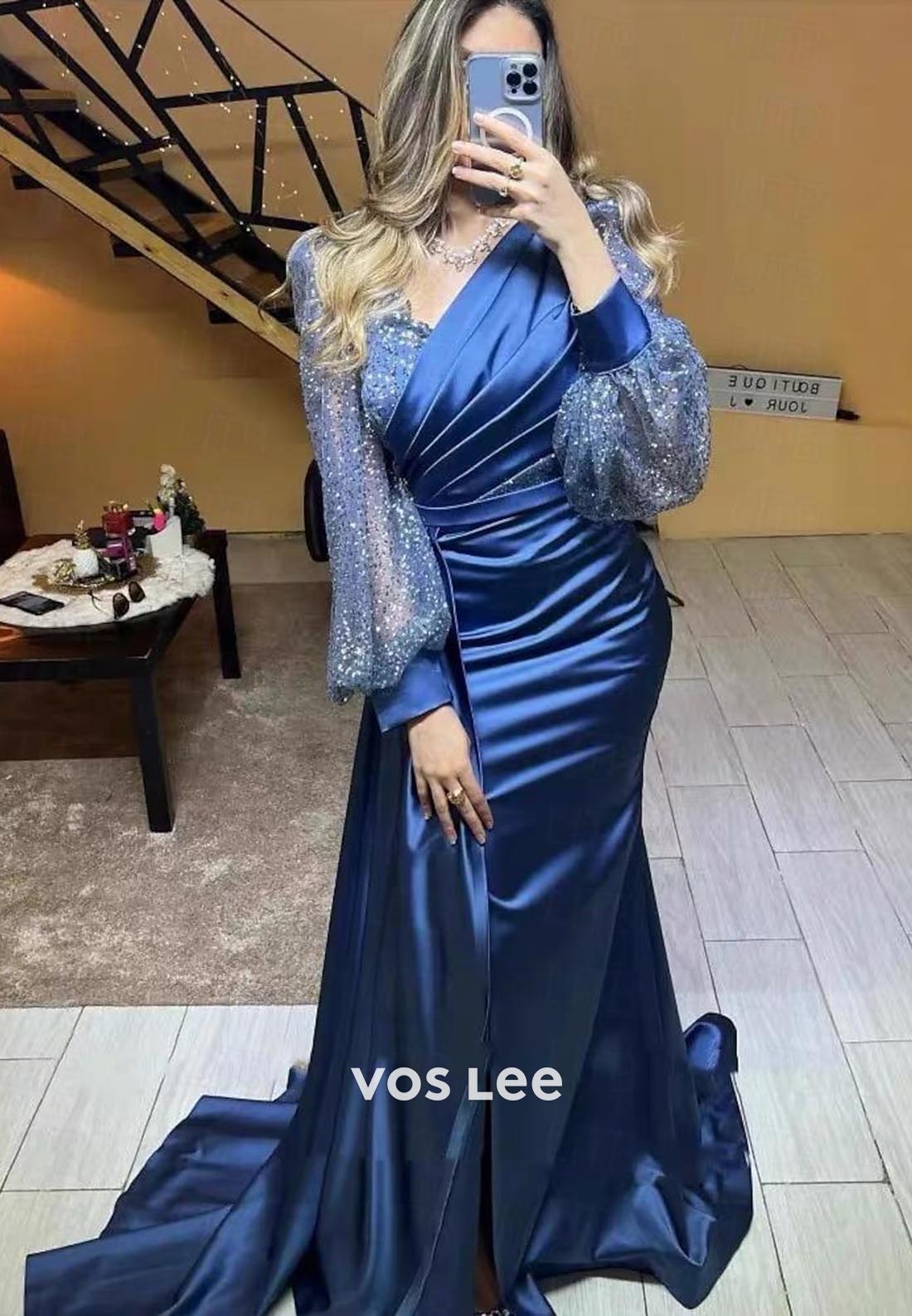 Long Sleeves Ruched Sequined Mermaid Evening Dress with Sweep Train