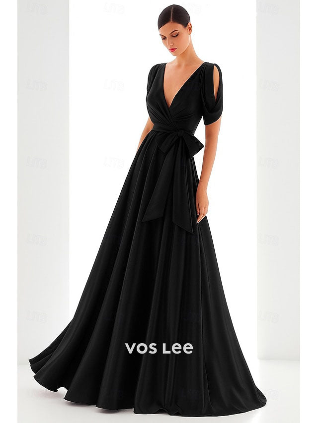 V-Neck A-Line Gown – Cold Shoulder Formal Dress with Sash Belt