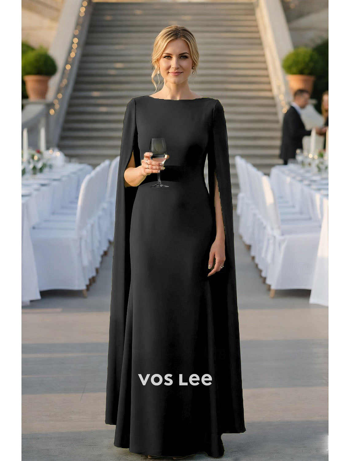 Cape-Sleeve Mermaid Gown – Formal Dress with Boat Neck