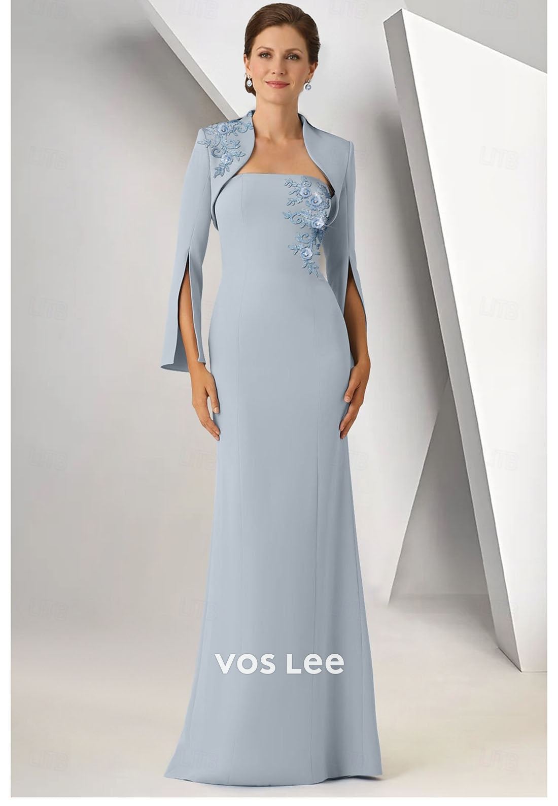 Dusty Blue Two-Piece Mother of the Bride Dress – Lace Appliqué Mermaid Gown with Capelet