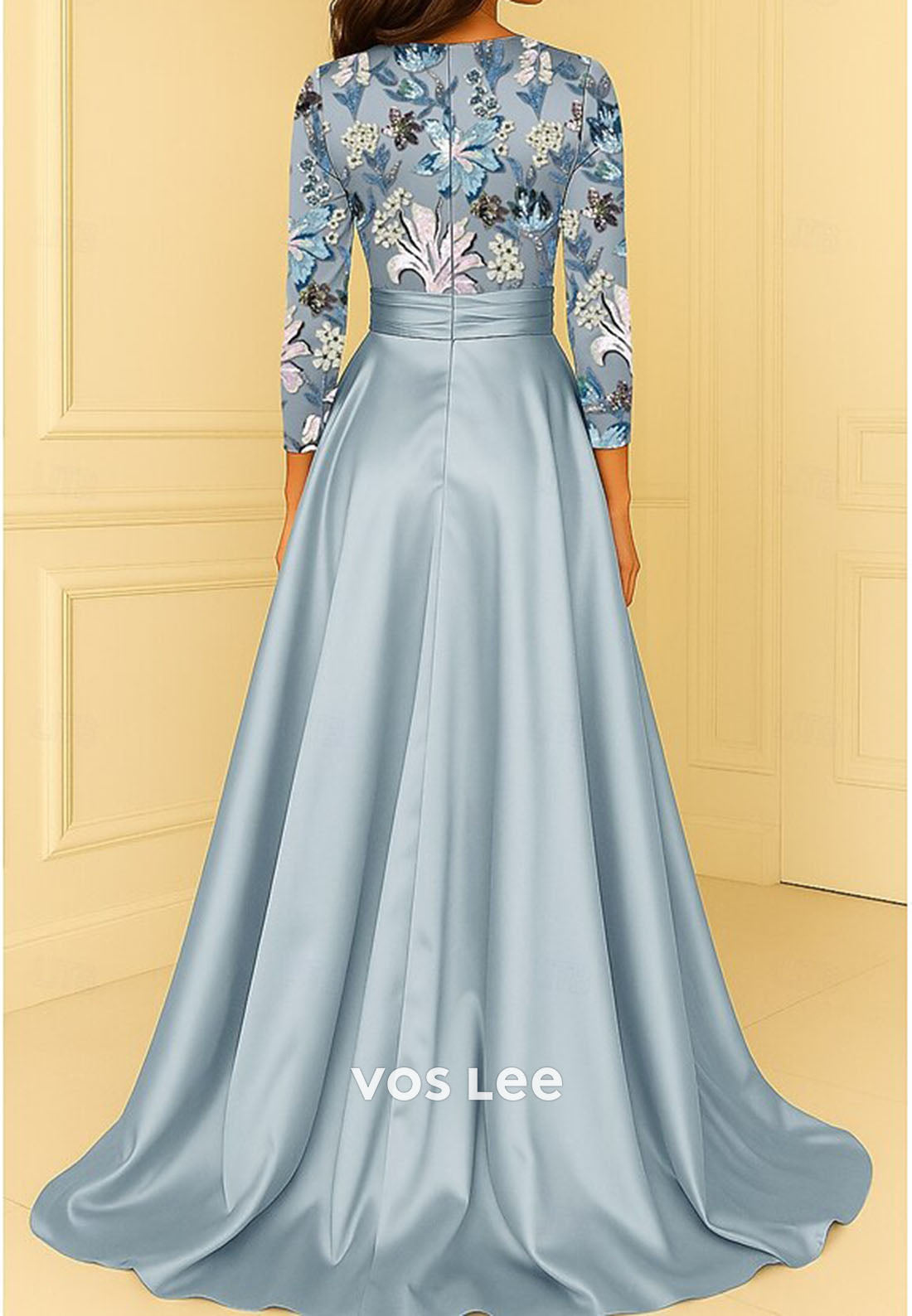 O-Neck Long Sleeves Sequins Flwers A Line Satin Evening Dress Mother Dress