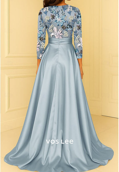 O-Neck Long Sleeves Sequins Flwers A Line Satin Evening Dress Mother Dress