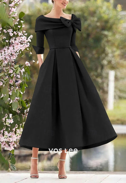 A-Line Half Sleeve Scoop Bowknot Pleated Evening Dresses