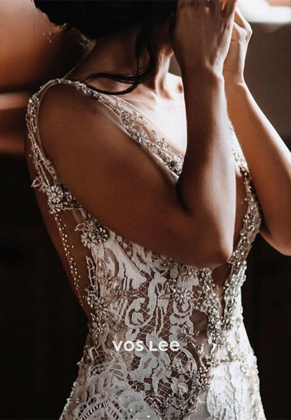 Spaghetti Straps V Neck Appliques Lace Rhinestone Pleated Mermaid Wedding Dresses