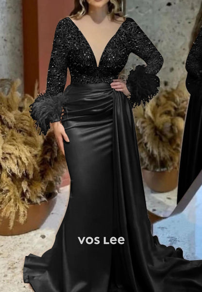 Sparkling V Neck Long Sleeves feather Mermaid Evening Dress with Court Train