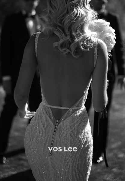 Sexy & Hot Spaghetti Straps Square Beach Mermaid Wedding Dresses with Sweep Train