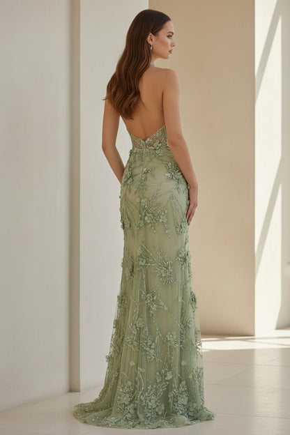 Sage Sheath Halter Sequined Long Prom Dresses With Floral Appliques
