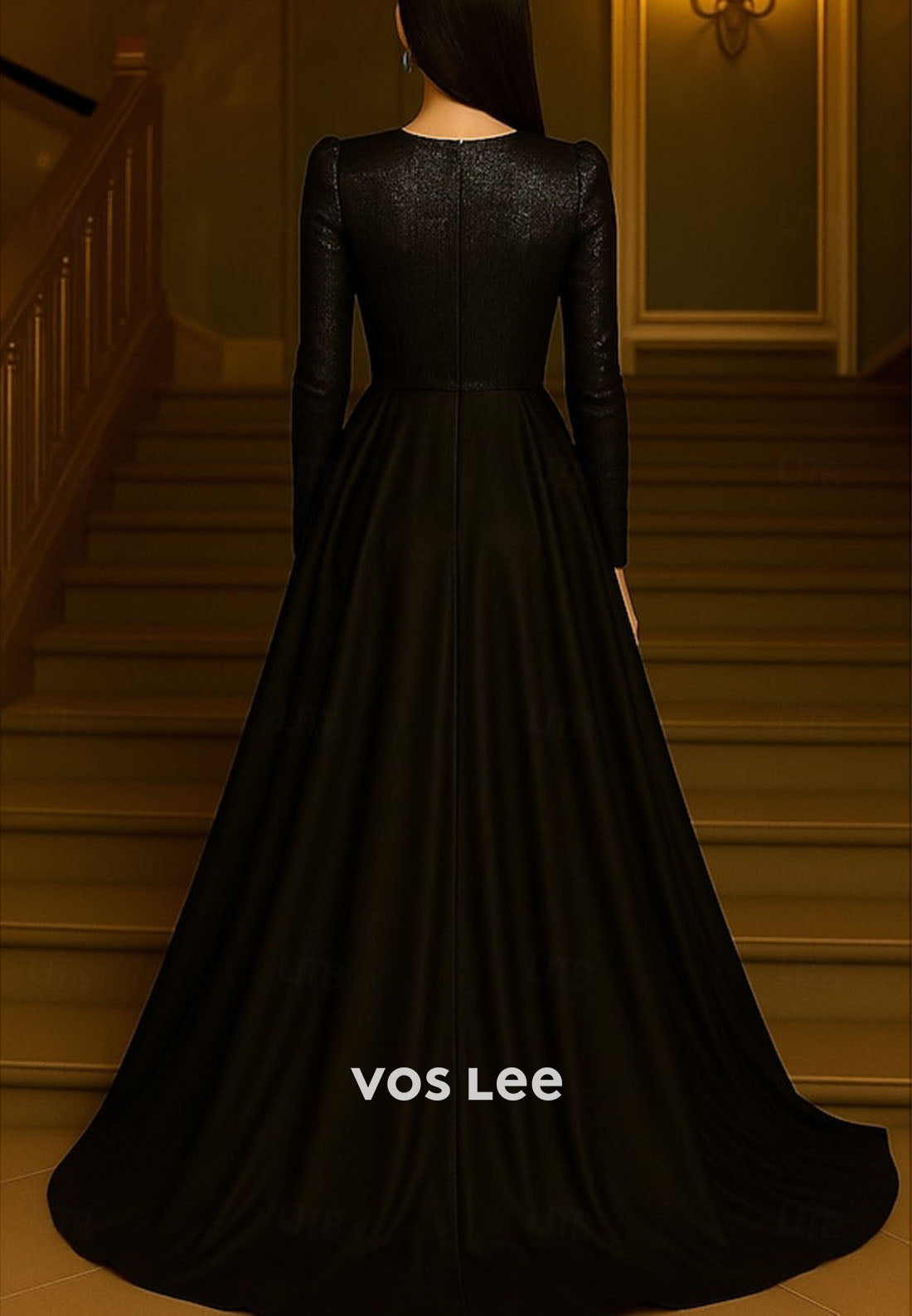 Sequin V Neck A-Line Long Sleeve Pleat Satin Evening Gown